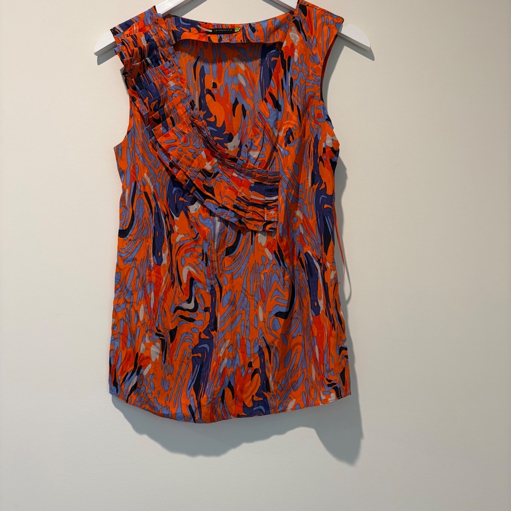 Leifsdottir Silk Abstract Marble Print Ruffle Blouse Orange Blue Size 4